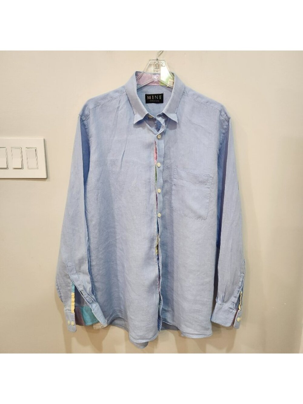 Vintage MINE Shirt Mens Large Blue 100% Linen Long Sleeve Casual Button Down